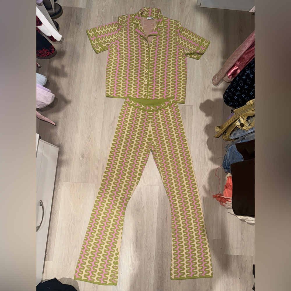Sandro Green and Pink Patterned Pants & Top Set